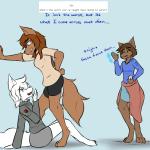 1:1 2019 4_toes aaron_(wolfie-pawz) anthro barefoot biped bottomwear breasts canid canine canis clothed clothing dialogue digital_media_(artwork) digitigrade english_text eyebrows feet female flirting fully_clothed fur group hair humanoid_hands jen_ambler long_hair male mammal maya_turner medium_breasts on_ground shirt shorts simple_background sitting skirt smile smirk standing text toes topwear what_the_hart_wants white_body white_fur white_hair wolf wolfie-pawz