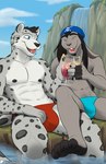 anthro beverage bulge clothing duo eyes_closed felid feline hair headgear headwear hi_res lagomorph male male/male mammal muscular open_mouth open_smile outside partially_submerged smile spelunker_sal spelunker_sal_(character) tsarin water waterfall