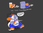 anthro baseball_cap belly beverage big_belly bloated boot_(artist) breasts clothed clothing dialogue digital_media_(artwork) electronics english_text eyelashes female food hat headgear headwear hoodie hot_dog mammal metsrat mlb murid murine nachos new_york_mets orange_body phone rat rodent short_stack simple_background soda solo tail text topwear uniform whiskers