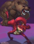 anchors_art_studio anthro bear canid canine clenched_teeth dominant dominant_male duo female finger_in_mouth fox hi_res holding_butt male male/female mammal size_difference teeth