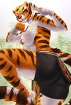 2024 anthro artist_name bandage big_breasts big_butt bottomwear breasts butt clothed clothing cocicka conditional_dnp dreamworks felid female fur hi_res kung_fu_panda looking_at_viewer mammal master_tigress pantherine pants shirt shorts simple_background solo stripes tail tiger topless topwear