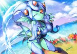 2021 bandai_namco big_breasts blowing_kiss blue_bodysuit blue_clothing blue_leotard blue_one-piece_swimsuit blue_skinsuit blue_sky bodysuit breasts clothing cloud cloudy_sky digimon digimon_(species) digimon_frontier female flower green_body green_skin humanoid leotard light light_beam odenzzi one-piece_swimsuit one_eye_closed plant ranamon red_eyes skinsuit sky solo sparkles swimwear tight_clothing water