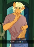 anthro applejack_(mlp) belt blonde_hair bodily_fluids bottomwear caption caption_box clothing crossgender denim denim_bottomwear denim_clothing earth_pony english_text equid equine erection finger_over_mouth freckles friendship_is_magic ftm_crossgender genital_fluids genitals green_eyes hair hasbro hi_res horse jeans male mammal my_little_pony pants penis pony precum selfie shallowwin text vein veiny_penis