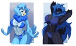 abs anthro athletic athletic_anthro athletic_female avian beak biceps big_breasts big_butt bikini bird black_body black_feathers blue_beak blue_body blue_eyes blue_feathers blue_hair bra breasts butt chest_tuft clothed clothing confident covering covering_breasts covering_self digital_media_(artwork) duo feathered_wings feathers female hair hands_behind_head hi_res long_hair looking_at_viewer looking_away martlet_(undertale_yellow) martlet_(zenith_form) muscular muscular_anthro muscular_female navel open_mouth pecs short_hair simple_background smile smiling_at_viewer smirk solo swimwear tail tail_feathers thick_thighs tovio_rogers tuft two-piece_swimsuit undertale undertale_(series) undertale_yellow underwear wide_hips winged_arms wings yellow_beak yellow_eyes