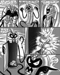 2019 ambiguous_gender angry cofagrigus comic dialogue dragmon duo english_text generation_1_pokemon generation_5_pokemon gesture greyscale hand_gesture haunter hi_res monochrome multi_arm multi_limb nintendo open_mouth pointing pokemon pokemon_(species) question_mark rubbing_eyes running sharp_teeth speech_bubble teeth text thinking_pose