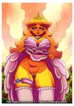 absurd_res alternative_fashion animatronic anthro avian big_breasts bird blonde_hair border bottomless breasts chica_(cally3d) chica_(fnaf) chicken clothed clothing clothing_lift crown dress dress_lift english_text female five_nights_at_freddy's fredina's_nightclub galliform gallus_(genus) genitals hair headgear hi_res hime_lolita j-fashion lolita_(fashion) machine phasianid pink_clothing pussy robot scottgames solo spot_caution text tiara white_border yellow_body