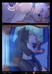 anthro bed blush briefs briefs_only canid canine canis clothed clothing comic comic_panel cuddling digital_drawing_(artwork) digital_media_(artwork) domestic_cat domestic_dog duo english_text eyes_closed felid feline felis fur furniture hair hi_res hug hugging_another hugging_from_behind inside lying lying_on_bed male mammal night on_bed on_side partially_clothed patreon patreon_logo pillow shaded shirt sleeping sleeping_together stampmats tail tank_top text topless topwear underwear underwear_only url