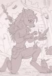 anthro avian barefoot bird blizzard_entertainment canid clothed clothing day detailed_background digitigrade druid feet female fur grass group hair hi_res kneeling large_group magic_user mammal monochrome outside plant sketch smile tribal_spellcaster warcraft were werecanid worgen yakovlev-vad