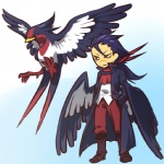 1:1 alternate_species avian beak bird clothed clothing cosplay duo feathered_wings feathers feral fully_clothed generation_3_pokemon hair hitec human humanized male mammal nintendo pokemon pokemon_(species) pokemon_trainer purple_hair swellow wings