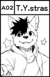 anthro bust_portrait canid clothed clothing front_view glistening glistening_eyes grin hair hi_res jacket looking_at_viewer male mammal monochrome open_clothing open_topwear portrait short_hair smile solo star t.y.stars topwear