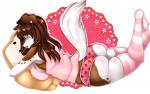 anthro bread breast_squish breasts brown_hair butt candy canid canine canis clothed clothing dessert digital_media_(artwork) domestic_dog female food grey_eyes hair hi_res hoshicchi hug legwear lollipop looking_at_viewer lying mammal on_front panties pattern_clothing pattern_legwear pattern_stockings plushie rosie_(ikuto2213) simple_background slightly_chubby solo squish stockings striped_clothing striped_legwear striped_stockings stripes underwear white_background