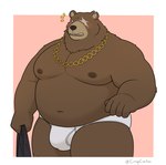 2024 anthro bear belly ben_bigger big_belly black_nose brown_body bulge crispcactus hi_res male mammal mihoyo moobs navel nipples overweight overweight_male simple_background solo zenless_zone_zero