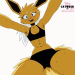 1:1 2023 2d_animation abs animated anthro aroused athletic athletic_anthro athletic_female biped blush bodily_fluids bra breasts breath catober catober_2023 clothed clothing eeveelution electricity feliscede female female_anthro fur generation_1_pokemon jolteon looking_at_viewer low-angle_view mammal nintendo open_mouth panting pokemon pokemon_(species) short_playtime simple_background small_breasts solo sports_bra sweat sweat_drip underwear white_background yellow_body yellow_fur