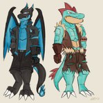 2016 anthro armor clothing duo feraligatr furred_clothing gauntlets generation_2_pokemon generation_6_pokemon gloves gnasher handwear male mega_charizard mega_charizard_x mega_evolution nintendo pokemon pokemon_(species) signature simple_background taevarth unknown_artist unknown_artist_signature wings