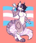 anthro claws curvy_figure felid feline female flag flag_(object) flag_(shape) flag_background flag_design fur fur_pattern hair hi_res holding_flag holding_object hourglass_figure hybrid lgbt_pride long_hair long_tail mammal navi_(fulltimefeline) pride_color_accessory pride_color_background pride_color_flag pride_color_wristband pride_colors purple_body purple_fur simple_background smile solo tail the1boxfox trans_(lore) trans_woman_(lore) transgender_pride_colors yellow_eyes