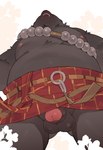 absurd_res anthro bear belly black_bear_guai black_body black_myth:_wukong blush bodily_fluids bottomwear clothed clothing drooling foreskin front_view genitals half-erect half-erect_under_clothing hi_res humanoid_genitalia humanoid_penis loincloth low-angle_view male mammal nipples overweight overweight_male penis retracted_foreskin saliva simple_background solo standing topless yanglai_miz