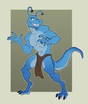 alien anthro blue_body blue_scales bottomwear brown_eyes clothed clothing digital_media_(artwork) domo_(ben300) featureless_chest hi_res loincloth loincloth_only male navel scales silverclaw1 smile solo tail teeth topless