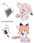 anthro canid canine duo electronics female fox headphones hi_res lagomorph leporid littlefox_24-7 male male/female mammal rabbit spanish_text tablet text translated