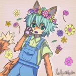 1:1 accessory adolescent anthro basil_(omori) canid canine clothed clothing eyebrows flower flower_crown flower_in_hair fox fur green_eyebrows green_eyes green_hair hair hair_accessory hi_res kemono lonelywolfyboi looking_at_viewer male_(lore) mammal omori_(game) open_mouth orange_body orange_fur overalls pawpads pink_pawpads plant shirt simple_background solo tail topwear young