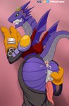 anthro anus arresterdramon balls bandai_namco belt bodily_fluids bottomwear butt clothed clothing cum cum_in_ass cum_inside cum_on_balls cum_on_butt digimon digimon_(species) dragon e621_logo furaffinity furaffinity_logo genital_fluids genitals gloves hand_on_butt handwear hi_res holding_butt looking_at_viewer male mythological_creature mythological_scalie mythology open_bottomwear open_clothing open_pants oversized_bottomwear oversized_clothing oversized_pants pants penis purple_body raised_tail scalie shinyfoxguy simple_background solo tail tail_anus twitter twitter_logo wall_(structure) wings