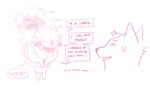 2_horns anthro apology bella_(bypbap) biped blush blush_lines bodily_fluids bovid bovine bowing bypbap canid canine canis cattle clothed clothing crying dress duo english_text female horn male mammal speech_bubble sweatdrop_(iconography) tears text thought_bubble wolf