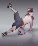 absurd_res anthro bottomwear canid canine canis clothed clothing domestic_dog footwear hair hi_res isakalts long_hair male mammal nipples shoes shorts sneakers solo tail tongue topless topless_anthro topless_male