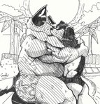 anthro australian_cattle_dog barazoku belly black_and_white bluey_(series) butt canid canine canis cattledog clothing domestic_dog duo fur herding_dog hi_res hug hugging_another kiss_on_lips kissing male male/male mammal monochrome musclegut muscular muscular_anthro muscular_male pastoral_dog pinumontbalou pool romantic romantic_couple stripe_heeler swimming_pool swimwear tail