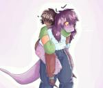 ambiguous_gender anthro blush bodily_fluids brown_hair carrying_another clothed clothing deltarune duo female fishmum freckles fully_clothed hair human kris_(deltarune) larger_female long_tail male mammal pink_hair purple_body purple_skin scalie size_difference smaller_male susie_(deltarune) sweat tail undertale_(series)