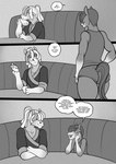 5_fingers anthro anthro_on_anthro biped butt clothed clothing comic dialogue english_text equid equine femboy fingers flirting freckles_(artist) horse intraspecies male male/male mammal monochrome open_mouth open_smile smile speech_bubble tail text