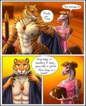 anthro bathrobe black_border border clothing comic dialogue english_text equid equine felid genitals hi_res horse jewelry latex male mammal nude pantherine partran_(tiger) quillu robe speech_bubble text tiger wisp_(partran)