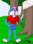 anthro binky_bunny_(rutwell) blue_body blue_fur bottomwear breasts buckteeth clothed clothing english_text female forest fur hair kthanid_(artist) lagomorph leporid mammal outside pink_nose plant purple_eyes purple_hair rabbit rutwell_forest shirt shorts solo teeth text topwear tree