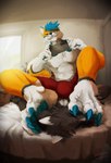 4_toes anthro anthro_on_bottom anthro_on_top bedroom black_body blue_pawpads boxer_briefs bulge canid canine claws clothing detailed_background dominant dominant_anthro dominant_male duo electronics eyes_closed feet foot_fetish foot_on_face grin hi_res hindpaw holding_object holding_phone humiliation male male/male male_on_bottom male_on_top mammal maneymaw_(artist) mean on_bottom on_top orange_body pawpads paws phone red_clothing red_underwear sitting sitting_on_another sitting_on_chest smile teeth toe_claws toes underwear white_body