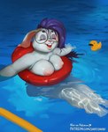 anthro areola biped breasts buckteeth detailed_background eyeliner eyes_closed eyewear eyewear_only female fur glasses glasses_only grey_body grey_fur hair lagomorph leporid life_ring makeup mammal mostly_nude nipples nude open_mouth open_smile partially_submerged pink_nose pool purple_hair rabbit robyn_(sniffsnorf) smile sniffsnorf solo swim_ring swimming teeth toy water wearing_glasses