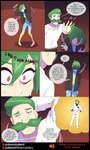 2021 belt bodily_fluids bottomwear clothed clothing coat comic dialogue english_text facial_hair footwear geralt_(sirgallade) green_eyes green_hair hair hi_res human logo male mammal matemi motion_lines mustache nintendo open_mouth pants pokemon red_eyes shirt shoes silver_soul_(comic) sir_gallade spandex sweat team_rocket text tight_clothing topwear uniform unitard