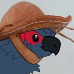 1:1 ambiguous_gender beady_eyes beak black_beak black_eyes blue_body blue_fur capcom clothing cowboy_hat digital_media_(artwork) draw_over feral flying_wyvern fur fur_tuft glistening glistening_eyes hat headgear headwear humor monster monster_hunter nargacuga photography_(artwork) red_body red_fur rui_shirocuga ruionrollers simple_background smile solo tuft