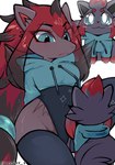 absurd_res anthro blue_eyes canid canine clothed clothing duo female fur generation_5_pokemon grey_body grey_fur hair hi_res legwear mammal meekax_x nintendo pokemon pokemon_(species) pokemon_unite red_hair simple_background stockings sweater thick_thighs topwear wide_hips zoroark zorua