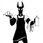 1:1 2019 ankh ankh_necklace anthro anubian_jackal anubis appliance apron bangle black_and_white black_body black_fur bodily_fluids canid canine canis clothed clothing coffee_maker container cup deity digital_media_(artwork) ear_piercing egyptian egyptian_mythology fur hi_res hladilnik jackal jewelry kitchen_appliance male mammal middle_eastern_mythology monochrome muscular muscular_anthro muscular_male mythology necklace nervous piercing shirt solo sweat sweatdrop t-shirt tea_cup the_bangles topwear waiter walk_like_an_egyptian