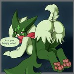 1:1 all_fours anthro anus barely_visible_anus big_breasts breasts butt digitigrade female fur generation_9_pokemon genitals green_body green_fur hanging_breasts hi_res kurodfox meowscarada nintendo pawpads pink_pawpads pokemon pokemon_(species) pussy rear_view red_eyes shaded solo