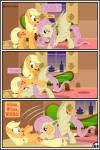 absurd_res applejack_(mlp) bat_pony blonde_hair comic digital_media_(artwork) duo earth_pony equid equine fangs female feral flutterbat_(mlp) fluttershy_(mlp) friendship_is_magic green_eyes gutovi-kun hair hasbro hi_res horse licking mammal my_little_pony mythological_creature mythological_equine mythology pegasus pink_hair pony red_eyes side_view teeth tongue tongue_out wings