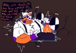 animatronic anthro canid canine clothing cracked_wall dumbbell ear_piercing electronics felineflustered five_nights_at_freddy's five_nights_at_freddy's_world fox growth gynomorph himbofication intersex lips lolbit_(fnaf) machine mammal muscle_growth nonbinary_(lore) onomatopoeia piercing robot scottgames solo sound_effects television text thick_lips wardrobe_malfunction weights