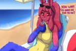 3:2 animal_humanoid beach big_breasts blue_arms blue_legs breasts clothing crimellgrim drinking drinking_straw_in_mouth english_text eyewear eyewear_on_head female goo_creature goo_humanoid hi_res humanoid ichika_(morbidlycutecrunch) lagomorph lagomorph_humanoid leporid_humanoid mammal mammal_humanoid one-piece_swimsuit rabbit_humanoid red_body red_eyes sea solo sunglasses sunglasses_on_head swimwear text water yellow_one-piece_swimsuit