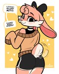 Rating: s
ID: 4651666
Date: 2024-03-11 18:16:29 -0400
Status: active
Score: 333
accessory anthro bottomwear bow_ribbon butt choker cinnabunn_(bunsawce) clothed clothing dialogue dolphin_shorts domestic_rabbit female fully_clothed fur furgonomics hair_accessory hair_bow hair_ribbon hi_res jayrnski jewelry lagomorph leporid long_ears lop_rabbit mammal necklace oryctolagus oversized_sleeves rabbit rear_view ribbons scut_tail short_tail shorts smile solo speech_bubble tail tail_motion tailwag tan_body tan_fur post #4651666