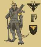 2013 accipitrid accipitriform anthro armor avian bird cigarette clothing dragon eagle explosives grenade hammer headgear helmet male melee_weapon military mythological_creature mythological_scalie mythology panzerschrecker pickelhaube ranged_weapon scalie simple_background soldier solo spines symbol tail tools uniform vader-san warhammer warrior weapon yellow_background