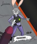 3_toes 4_fingers absurd_res angry anthro bodily_fluids clothed clothing cuff_(restraint) cum disney duo english_text eyebrows feet female fingers fur genital_fluids genitals grey_body grey_fur grey_nose hi_res humanoid_genitalia humanoid_penis judy_hopps lagomorph leporid luxivox male mammal mostly_offscreen_character outside penis purple_penis rabbit restraints signature text toes zootopia