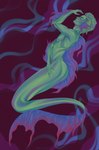 abstract_background green_body green_hair hair hi_res humanoid male marine merfolk mouth_closed narrowed_eyes nude short_hair side_cut side_view smogville solo split_form