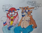 anthro barazany420 blush deer demon dialogue duo eyewear glasses hair hi_res luke_(barazany420) male male/male mammal mastectomy_scar pentagram_necklace pregnant pregnant_anthro pregnant_male purath_(barazany420) scar shocked trans_(lore) trans_man_(lore) unexpected visibly_trans