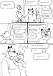 2023 anthro belly bernielover blush canid canine clothing comic dialogue disney duo english_text eyes_closed fan_character fox gideon_grey hi_res humanoid_hands lagomorph leporid male male/male mammal monochrome nate_hopps overweight overweight_male rabbit red_fox scratching scratching_neck shirt sitting teasing text topwear true_fox zootopia