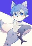 absurd_res anthro blahaj blue_body blue_eyes blue_hair blush canid canine collar crotch_tuft fish fox hair hi_res hosineyuu ikea kemono looking_at_viewer looking_up looking_up_at_viewer male mammal marine mikey_(mikey_fox) plushie shark simple_background solo tuft young