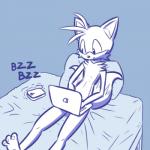 1:1 2019 aged_up anthro bed blue_and_white canid canine comic computer digital_media_(artwork) electronics fox fur furniture hair hi_res loshon male mammal miles_prower monochrome multi_tail sega simple_background solo sonic_the_hedgehog_(series) tail