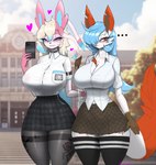 2024 anthro big_breasts black_clothing black_shirt black_topwear blue_hair blue_highlights blue_sclera blush bottomwear breasts brown_body brown_bottomwear brown_clothing brown_fur brown_skirt cellphone cleavage clothed clothed_anthro clothed_female clothing duo eeveelution electronics ellipsis female fluffy fluffy_tail fur gardevoir generation_3_pokemon generation_4_pokemon generation_6_pokemon hair hair_over_eye heart_symbol hi_res highlights_(coloring) holding_cellphone holding_object holding_phone holding_smartphone hybrid leafeon leg_tattoo legwear long_hair maned_kitsune multicolored_body multicolored_fur multicolored_hair nintendo notched_ear orange_body orange_fur outside phone pink_body pink_eyes pink_fur pokemon pokemon_(species) red_eyes school shiny_pokemon shirt skirt smartphone standing sylveon tail tan_hair tattoo thick_thighs thigh_highs topwear two_tone_hair white_body white_clothing white_fur white_shirt white_topwear wide_hips